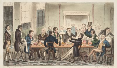 晚上和烈酒，邦兹街朗斯酒店的场景，来自The English Spy，pub。 1824年（手工彩色雕刻） 作者 Isaac Robert Cruikshank