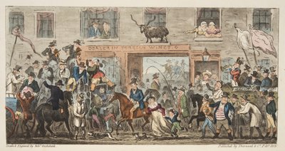 来自The English Spy，the pub的The Comical Procession。 1824年（手工彩色雕刻）格洛斯特到伯克利，来自The English Spy，pub。 1824年（手工彩色雕刻） 作者 艾萨克·罗伯特·克鲁克香克