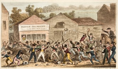 哈罗的茶壶行，或英国间谍，酒吧的肉猪之战。 1824年（手工彩色雕刻） 作者 艾萨克·罗伯特·克鲁克香克