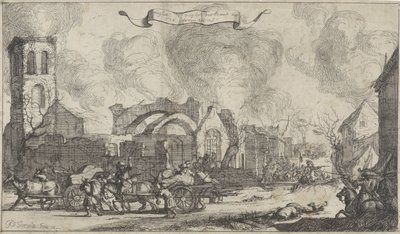 1672 年，法国军队在 Nigtevecht 村庄的废墟上掠夺和射击
乌得勒支省被法国人于 1672 年摧毁的村庄和城堡的十三幅插图系列（系列标题） 作者 艾萨克·索瑞斯