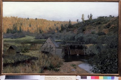 秋天米尔。普利奥斯（俄罗斯）（Autumn. Mill. Plyos）。伊萨克-伊里奇-列维坦（Isaak (Isaac) Ilyich Levitan，1860-1900 年）的画作，布面油画 作者 艾萨克·伊里奇·列维坦