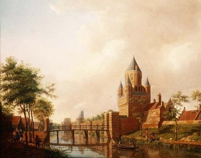 哈勒姆的小门（Kleine Houtpoort）与大门（Grote Houtpoort）的背景景观。 作者 艾萨克·乌沃特（Isaac Ouwater）