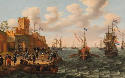 约 1662 年，一艘荷兰三桅帆船和一艘罗马教皇的伽利略号船，以及设防城镇沿岸的其他船只（油画，木板） 作者 伊萨克·威拉尔茨