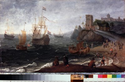 海边的鱼市。Isaak Willaerts（1620-1693 年）的画作。木板油画，35.5 x 67 厘米，约 1640 年。谢尔普霍夫（俄罗斯）国家历史与艺术博物馆。 作者 伊萨克·威拉尔茨