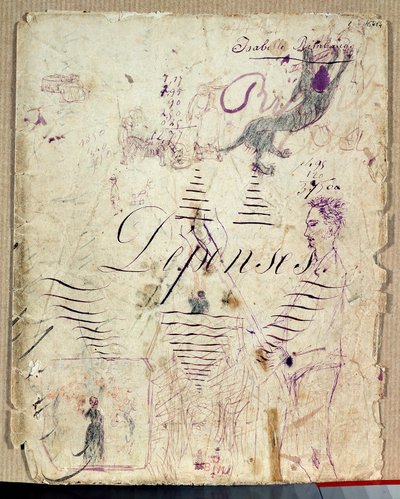 Arthur Rimbaud 帮助收割。 伊莎贝尔·兰波 (Isabelle Rimbaud) 用紫色墨水在开支簿草稿纸上作画 作者 伊莎贝尔（Isabelle Rimbaud）