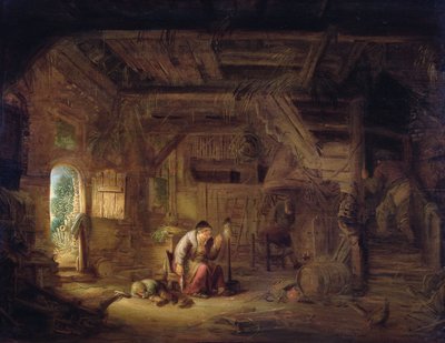 谷仓内景，一位老妇人正在搓麻（木板油画） 作者 伊萨克·范·奥斯塔德（Isack van Ostade）