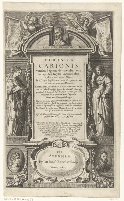梅兰希所著 Chronica Carionis 的扉页
Chronica Carionis vanden beginne des werelts aen tot op den Keyser Carolum（标题见实物） 作者 扬·扬斯。