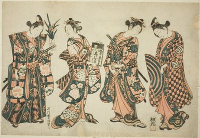 演员 佐野川市松（右）、中村清三郎（右中）、佐野川千藏（左中）和中村熊太郎（左） 作者 石川丰信