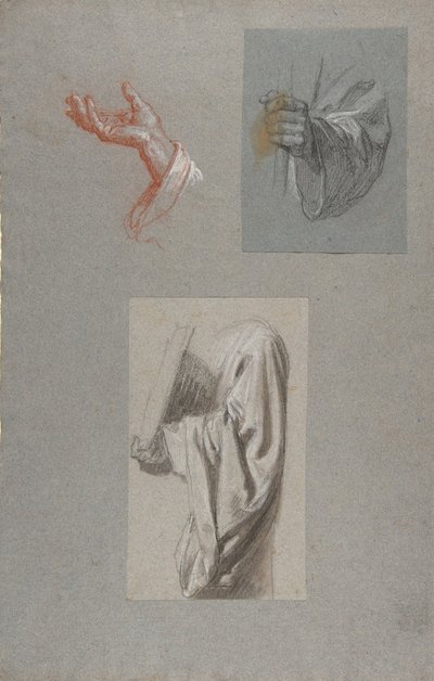 a.圣雷米的手, b. 圣雷米的手, c. 持书的圣徒的帷幔研究..., 19世纪 作者 伊西多尔比尔斯