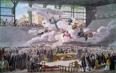 法国大革命：“1789 年 6 月 20 日 Le oath du jeu de Paume le oath du jeu de Paume le oath du jeu de Paume le oath du jeu de Paume le 20 juin 1789”” 代表们发誓在宪法得到修正之前不会分离自己。 伊西多尔·赫尔曼 (1743-1809) 雕刻，1789 年巴黎，B.N. 作者 伊西多尔·斯坦尼斯拉斯·赫尔曼