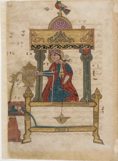 具有冲洗机构的洗手自动机，来自The Book of Ingenious Mechanical Devices的对开;作者：Al-Djazari，1315（不透明的wc，墨水和黄金在纸上） 作者 伊斯兰学校