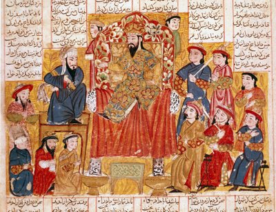 伊斯兰艺术：“苏丹和他的宫廷”，来自 Ferdowsi（Firdawsi，或 Ferdawsi，或 Firdousi，ca. 940-1020 年左右）1330 年左右，伊斯坦布尔托普卡匹博物馆 作者 伊斯兰学校