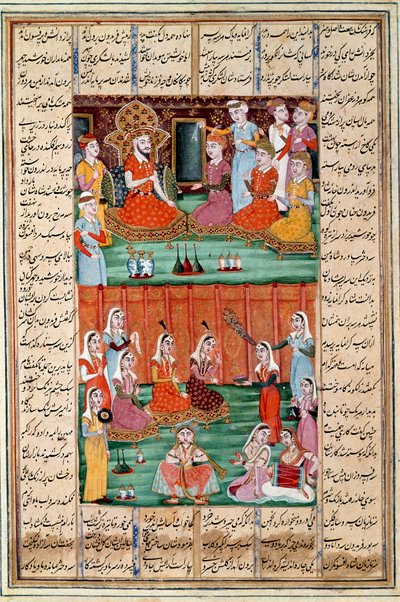 伊斯兰艺术：“也门国王塞罗的三个女儿的婚姻”，来自 Ferdowsi（Firdawsi 或 Ferdawsi）的史诗“Shahnameh”（Shah Nama，Shahnama）（国王之书）手稿的波斯缩影 , 或 Firdousi, ca. 940-around 1020) (ms. 60 作者 伊斯兰学校