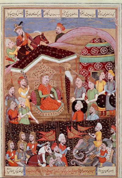 伊斯兰艺术：“” Sohrab（撒哈拉人）看着波斯军队领导人的黑色帐篷“”“来自史诗“Shahnameh”手稿的波斯缩影“”（Shah Nama，Shahnama）（国王之书） 作者：Ferdowsi（Firdawsi，或 Ferdawsi，或 Firdousi，约 6 作者 伊斯兰学校