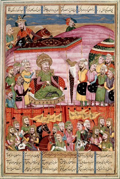 伊斯兰艺术：“” Sohrab（撒哈拉人）站在 Roustam 的帐篷里“”来自 Ferdowsi（Firdawsi 或 Ferdawsi）的史诗“Shahnameh”（Shah Nama，Shahnama）（国王之书）手稿的波斯缩影 , 或 Firdousi, ca. 940-around 1020) (ms. 607) Lly, 作者 伊斯兰学校