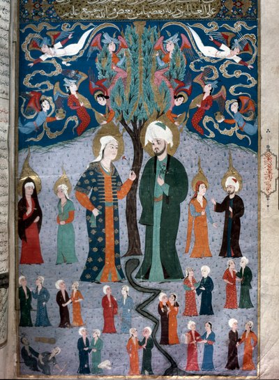 历史学家 Seyyid Loqman Ashuri 1538 年手稿“Zubdat al Tawarikh”（Zubdat al Tawarikh）（故事之霜）中亚当和夏娃缩影的伊斯兰再现。伊斯坦布尔土耳其和伊斯兰艺术博物馆 作者 伊斯兰学校
