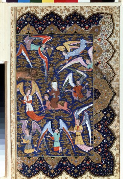 "先知穆罕默德（570-632 年）（蒙面）在米拉克，他骑着马 Al - Bouraq (Burak) (Al - Buraq) 登上第七层天堂"。羊皮纸上的水彩画。16 世纪。圣彼得堡冬宫博物馆 作者 伊斯兰学校