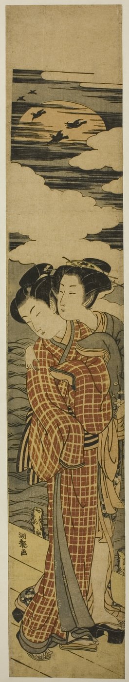 月夜，站在码头上相拥的情侣 作者 oda田K