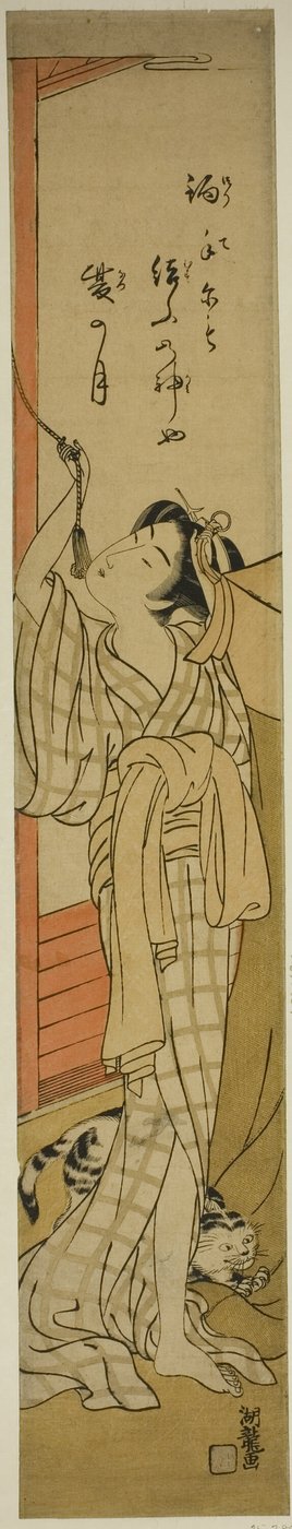 年轻女子挂蚊帐，猫咪在她脚边玩耍 作者 oda田K