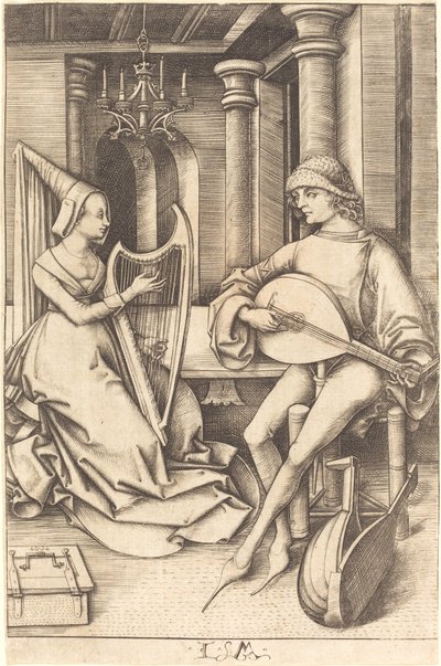 琵琶手和竖琴手，约1495-1503。 作者 以色列·范·麦肯纳姆（Israhel van Meckenem）