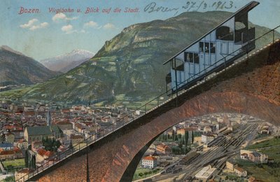 博尔扎诺 - 缆索铁路和城镇的景色。明信片于1913年寄出。 作者 意大利摄影师