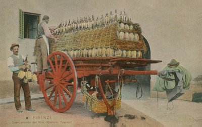 将瓶装葡萄酒装到购物车上，佛罗伦萨。明信片于1913年寄出。 作者 意大利摄影师