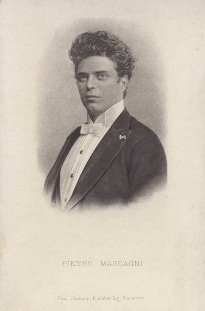马斯卡尼（Pietro Mascagni），歌剧《乡村爱情》（Cavalleria Rusticana）的意大利作曲家（黑白照片）。 作者 意大利摄影师