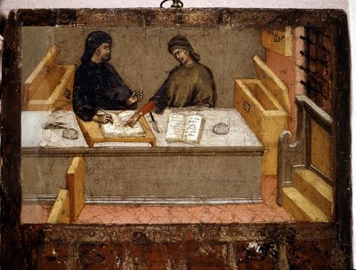 来自 1394 年的 Camerlinguist 和办公室的税务员，Biccherna（锡耶纳市会计登记册的封面）。国家档案馆 - Museo delle Tavolette de Bicherna，锡耶纳。 作者 意大利学校