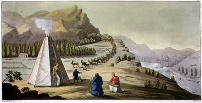 拉普兰人的小屋或八角形帐篷和一群下山的驯鹿，《民族史》中的第47版（水印）。 作者 意大利学校