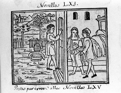 一对夫妇想敲门。 意大利作家乔瓦尼·薄伽丘 (Giovanni Boccaccio dit Jean Boccaccio) (1313-1375) 的“十日谈”的新闻 61（第 7 天的新闻 1）的插图。 雕刻在“”Decamerone ouer Cento nouelle”“威尼斯，Bartolomeo de 
