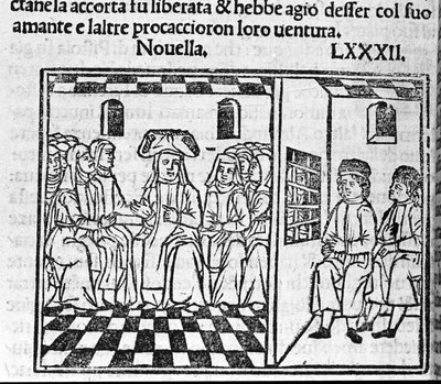一个修女的爱情故事。 意大利作家乔瓦尼·薄伽丘 (Giovanni Boccaccio dit Jean Boccaccio) (1313-1375) 的《十日谈》的新闻 82（新 2 日）插图。 雕刻在“”Decamerone ouer Cento nouelle” 威尼斯，Bartolomeo de 