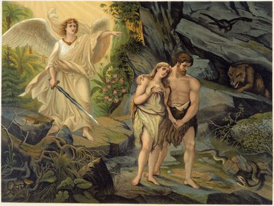 Adam and Eve chased out of earthly Paradise (Eden) by the Archangel - in “” Aurea Bibbia classica: storia della rivelazione divina nell