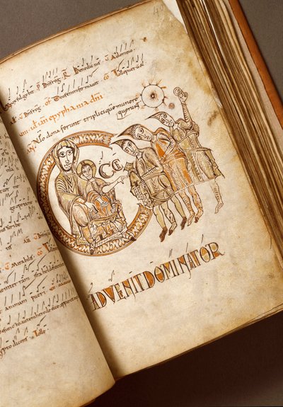 崇拜博洛尼亚学校的贤士手稿。 (Ms.123-Foglio 40 r) 11 世纪罗马，Biblioteca Angelica 作者 意大利学校