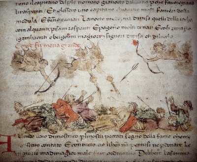 1347-48 年欧洲黑死病的寓言表现，选自《Croniche del Sercambi》，约 1400 年（牛皮纸上的钢笔和墨水） 作者 意大利学校