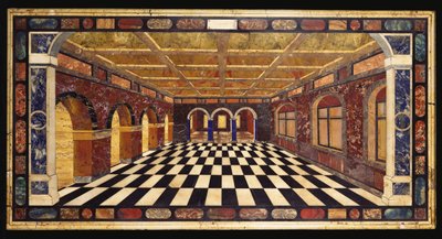 意大利Pietre dure镶嵌大理石桌面，描绘了弧形后退画廊的内部场景 作者 意大利学校