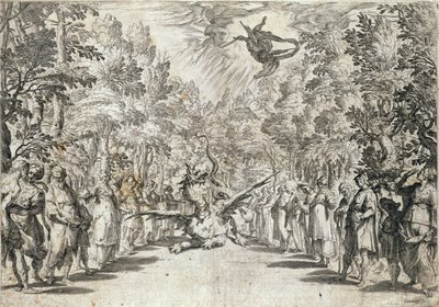 阿波罗即将攻击蟒蛇，来自Girolamo Bargagli的La Pellegrina，由Carracius雕刻 作者 意大利学校