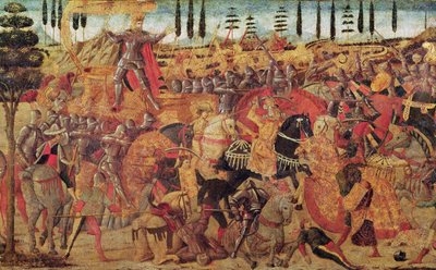 大流士（公元前 399-330 年）与亚历山大大帝（公元前 356-323 年）之间的战斗（面板油画） 作者 意大利学校