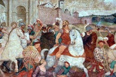 城墙外的战斗场景，约 1460 年代（壁画） 作者 Italian School