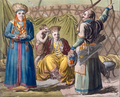 布里亚特家族在室内，来自Costume dei ...由Giulio Ferrario，1820s-30s（手工彩色光刻） 作者 意大利学校