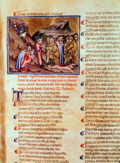 Canto XXIII Dante和Virgil在伪君子的圈子里，Caiaphas钉在地上，来自神曲（Inferno），c.1313 作者 意大利学校