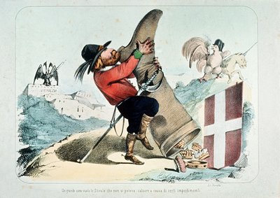 Giuseppe Garibaldi的讽刺漫画由Litografia Perrotta驱逐一个装满冠的靴子（意大利） 作者 意大利学校