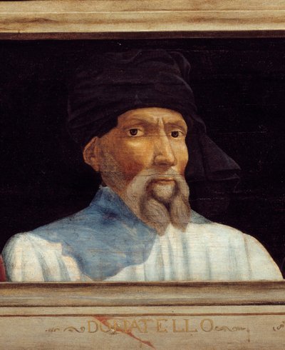 Cassone 有 5 幅佛罗伦萨文艺复兴时期大师的肖像和多纳泰罗 (dit), Donato di Niccolo di Betto Bardi (1386-1466) 的肖像。 下面的铭文可能是连续的。 巴黎卢浮宫博物馆 - 带 f 的 Cassone 面板 作者 意大利学校