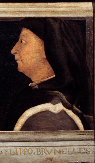 Cassone featuring 5 portraits of the Master of the Florentine Renaissance detail with the portrait of Brunelleschi Filippo (1377-1446). Italian school of the 16th century. The inscription below is probably successive. Musee du Louvre, Paris. 作者 意大利学校