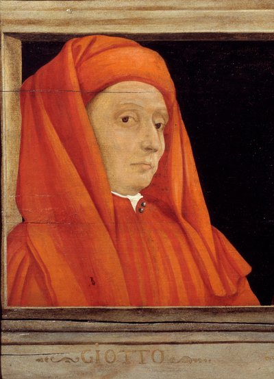 卡松内有 5 幅佛罗伦萨文艺复兴时期大师的肖像，细节与 Bondone Ambrogio dit Giotto di Bondone（约 1267-1337 年）的肖像，16 世纪意大利画派，木头油彩。 下面的铭文可能是连续的。 博物馆 作者 意大利学校