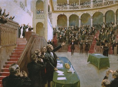 1861年2月18日，Cavour为第一个意大利国家议会鼓掌国王Victor Emmanuel II（1820-78），这是一张关于巧克力制作的Risorgimento历史专辑的插图 作者 意大利学校