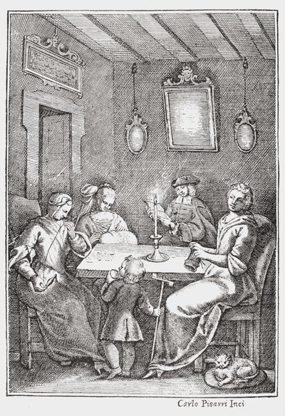Chiaqlira读故事到一个缝纫派对，Giambattista Basile的Pentamerone的封面，1742年 作者 意大利学校