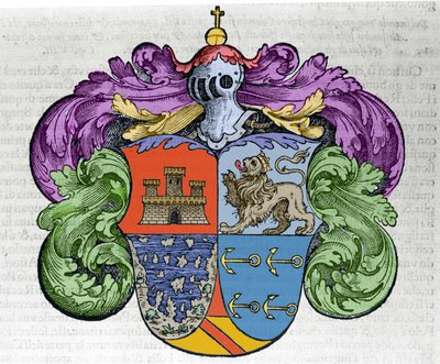 航海家克里斯托弗·哥伦布（Christopher Columbus，1451-1506 年）的徽章：ecu 的四个部分分别代表卡斯蒂利亚和莱昂市的顶部、未覆盖的岛屿和海军上将的象征锚。 来自《Navigationi and Viaggi》一书的雕刻 作者 意大利学校