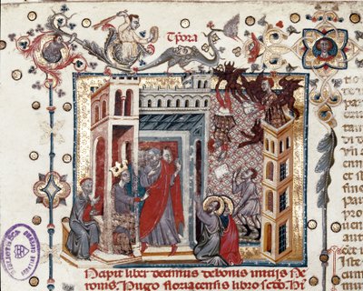 Codices Cavenses，Cod.25 f.181，Simon Magus，Nero皇帝和使徒，来自Speculum Historiale的缩影，第一部分，Vincent de Beauvais，c.1320（牛皮纸上的蛋彩画） 作者 意大利学校
