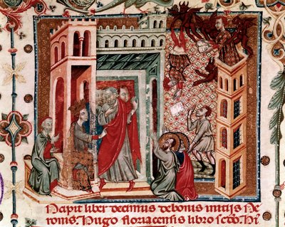 Codices Cavenses，Cod.25 f.181，Simon Magus，Nero皇帝和使徒，来自Speculum Historiale的缩影，第一部分，Vincent de Beauvais，c.1320（牛皮纸上的蛋彩画） 作者 意大利学校