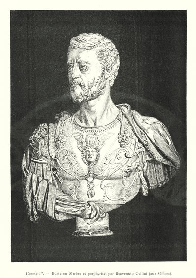 Cosme I，大理石和斑纹半身像，本韦努托·切利尼（Benvenuto Cellini）在乌菲齐美术馆（版画） 作者 意大利学校